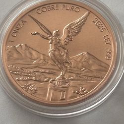 2026 Mexico LIBERTAD 1 TROY OUNCE  Coin .999 Fine Copper BU In Capsule