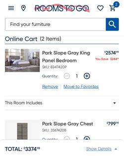 Rooms to-go-6 Piece Total package : 3 pc King Panel Bed • Gray Tall Chest • Gray Dresser • Gray Mirror • Gray Nightstand (2)