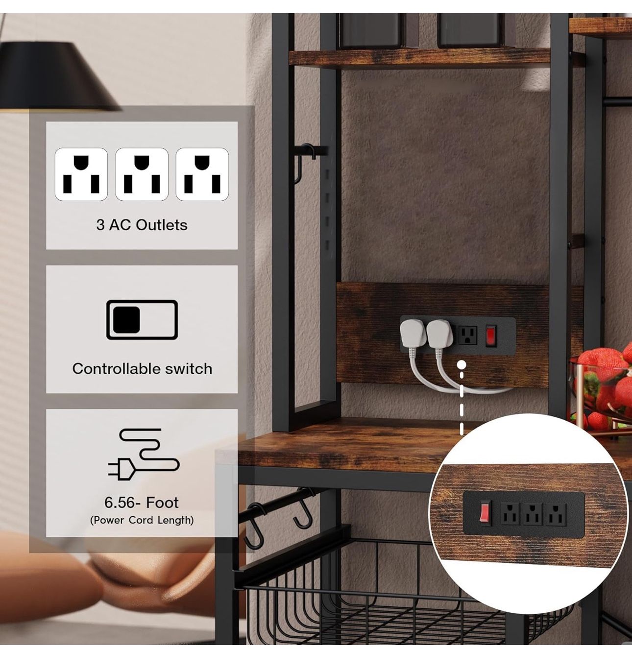 Baker Rack with Power Outlet - Microwave Stand with Storage, Large Coffee Bar Station with 14 Hooks, Metal Kitchen Shelf Rack for Spices, Pots (Rustic