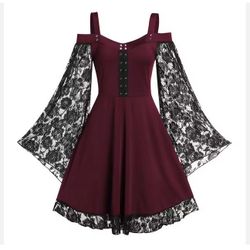 Ladies 10-16 Available -Red Gothic Patchwork Dress W Spaghetti Straps And Lace Sleeves