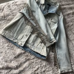 White Fox Rhinestone Light Wash Denim Jacket