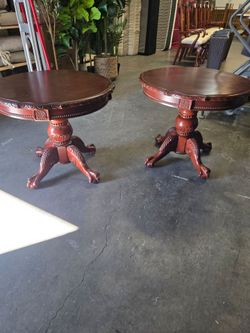 Pair of Round Carved Wood Pedestal End Tables