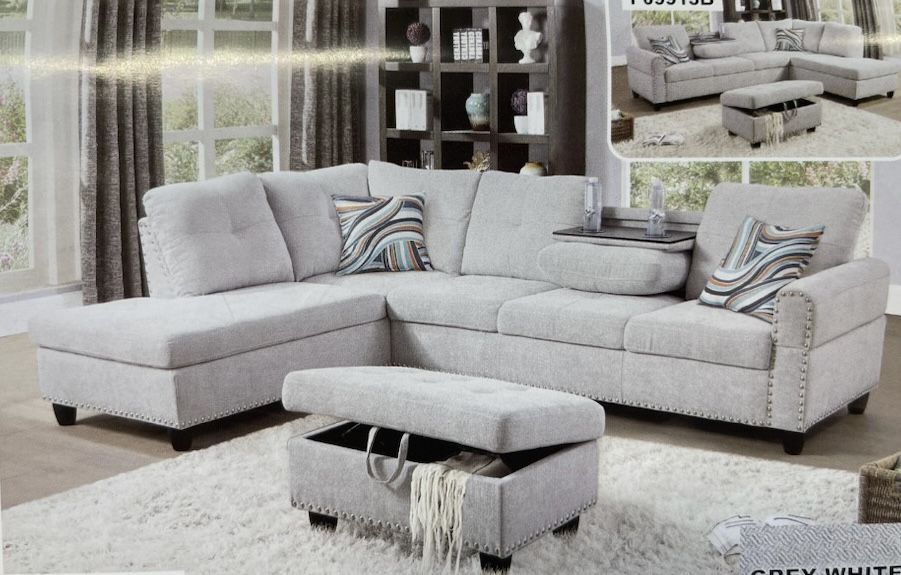 White Linen Sectional Couch With Drop Down Table