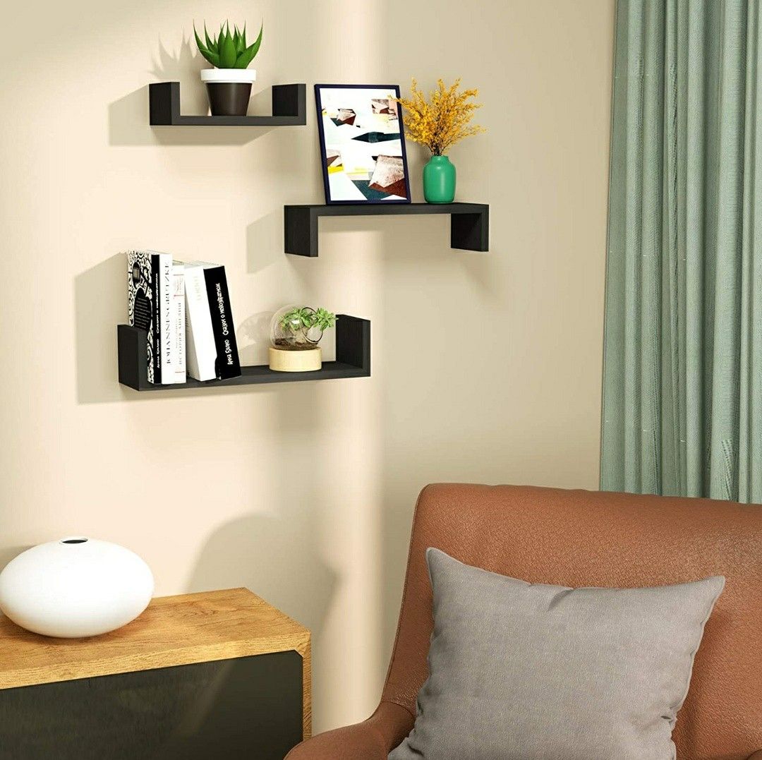Black 3 Piece Set Hanging Wall Mounted, Solid Wood Wall Shelves