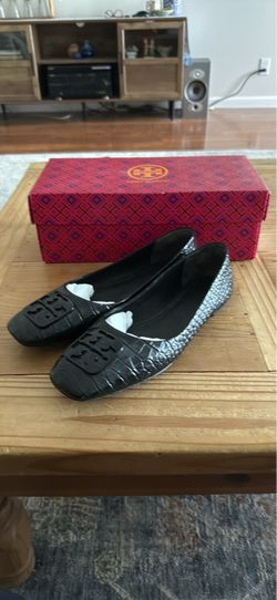 Tory Burch Georgia Black Croc Embossed Leather Square Toe Ballet Flats 9M