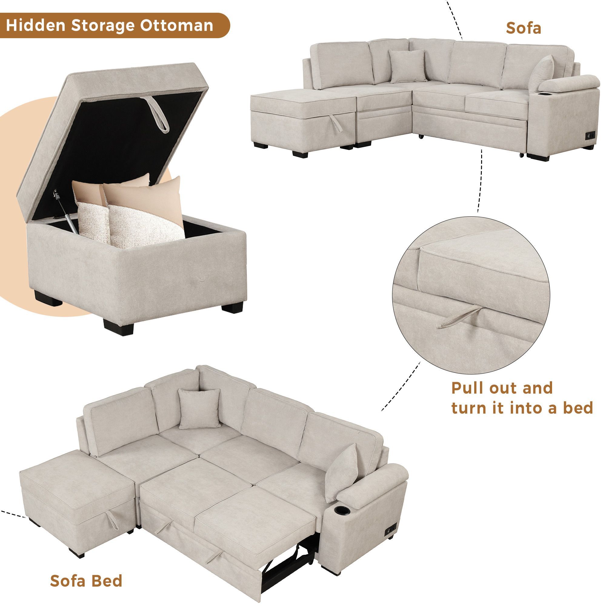 84.75 Sleeper Sofa Bed,2 in 1 Pull Out sofa bed L Shape Couch with Storage Ottoman for Living Room,Bedroom Couch and Small Apartment, Beige