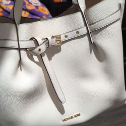 Michael Kors Emilia large pebbled leather tote bag in a light cream or white color