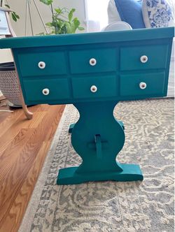 Teal Painted Wood Pedestal Accent Table with Drawers