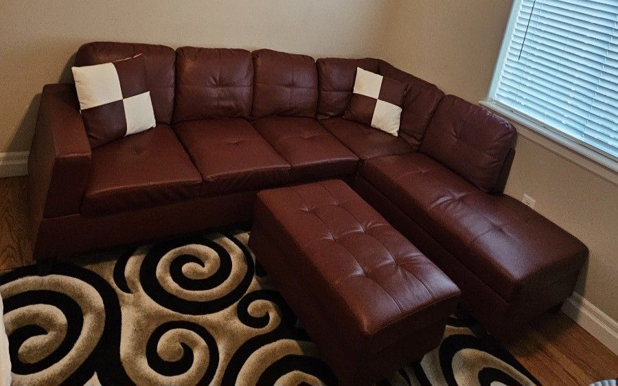 Leather Sectional Couch With Ottoman & Pillows