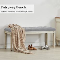 ES122 $60  43.9" Linen Fabric End of Bed Bench, Vintage French Upholstered Button Tufted Entry Bench, Window Seat with Carved Wood Legs for Bedroom, L