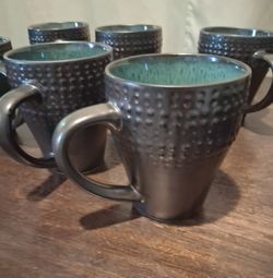 Gourmet Basics Ontario Dish Set – Black & Teal Textured Mugs, Bowls & Plates