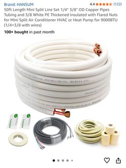 50ft Length Mini Split Line Set 1/4" 3/8" OD Copper Pipes Tubing and 3/8 White PE Thickened Insulated with Flared Nuts for Mini Split Air Conditioner 