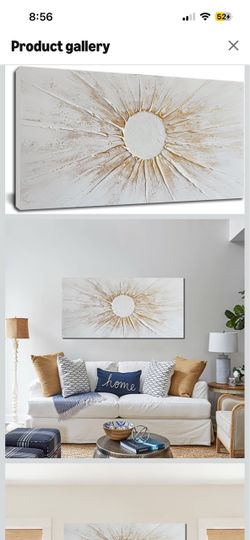Brand New!Boho Sun Wall Art White Gold Neutral Textured Minimalist Artwork 20x40 In Abstract Hand Painted, Sunburst Canvas Painting,Large Wall Art for