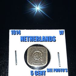 1914 ANTIQUE SQUARE NETHERLANDS 5 CENT KM# 153 COIN IN VF CONDITION ! SEE PHOTO'S !