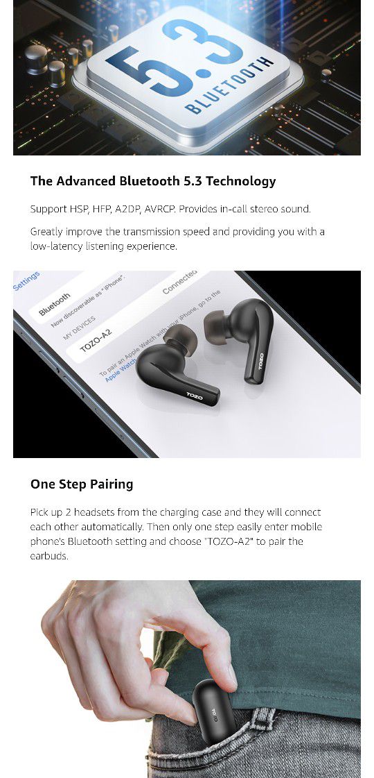 TOZO A2 Mini Wireless Earbuds Bluetooth 5.3 In-Ear Light-Weight Headphones