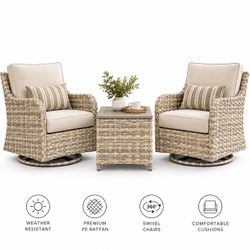3-Piece Outdoor Rattan Patio Furniture Set β 360Β° Swivel Chairs + Side Table