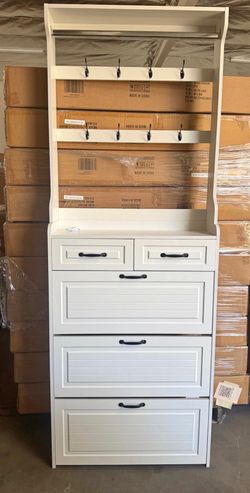 White Entryway Cabinet with Hooks and Drawers