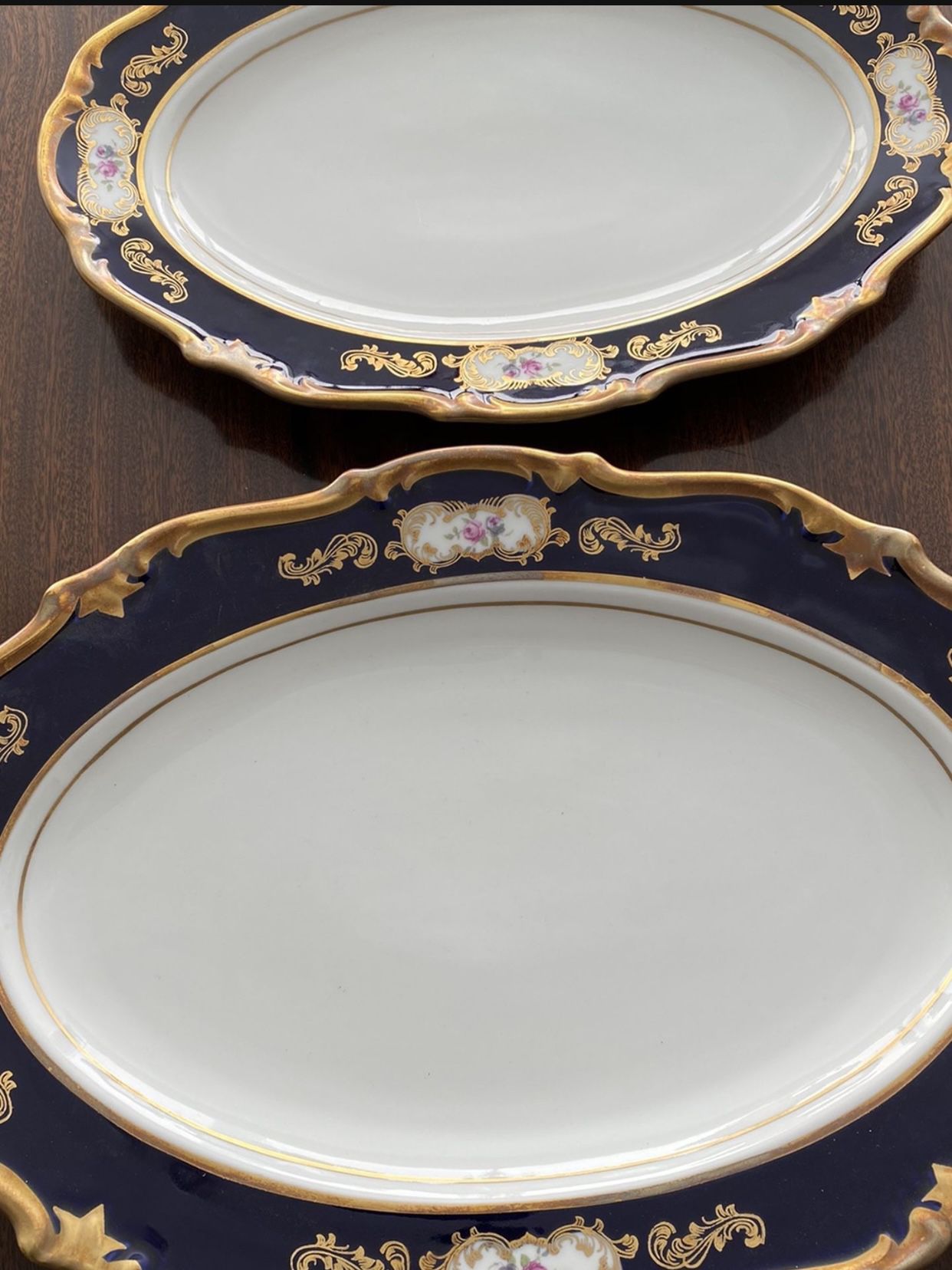 Reichenback Echt Barock Kobalt Blue And Gold Bone China  Plates tMade In Germany. 15” X 10.5” And 13” X 9”.  $65 + $50. Sold by pair or individually. 