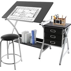 Drafting Desk, Drawing Table for Artists/Adults, Art Desk w/Stool and 3 Slide Drawers, Painting Studio Design Work Station,one Of The Drawer Has Rip, 