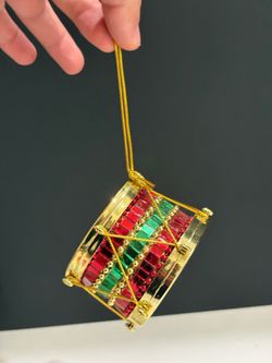 Vintage Rhinestone Disco Drum Christmas Ornament Red Green Mosaic Toy Soldier 3"