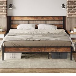 New in box King Bed Frame, Easy Assembly, Noise-Free, No Box Spring Needed, Heavy Strong Metal Support Frames, Double-Row Support Bars, Vintage Brown 