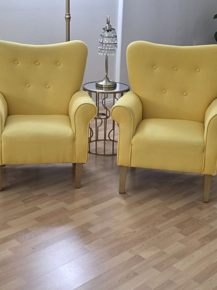 Set of 2 Yellow Accent Chairs with Gold Legs
