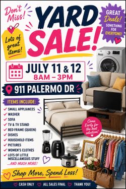 Yard Sale July 12 and 13th from 8 AM to 3 PM