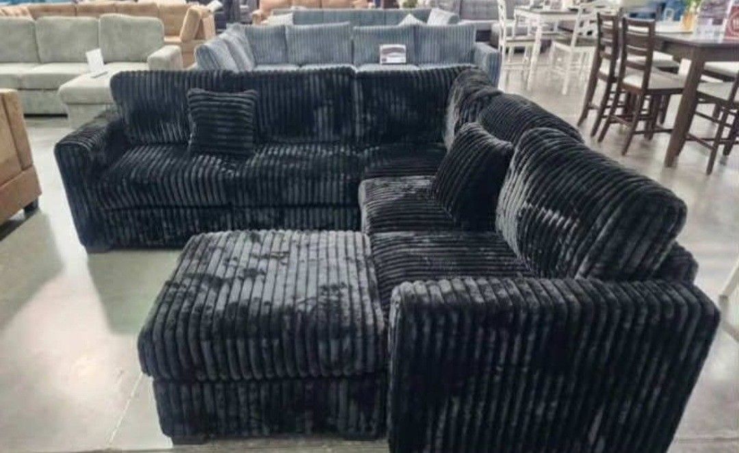 ✅️✅️ 4pc Black  corduroy fabric upholstered sectional sofa with ottoman ✅️✅️