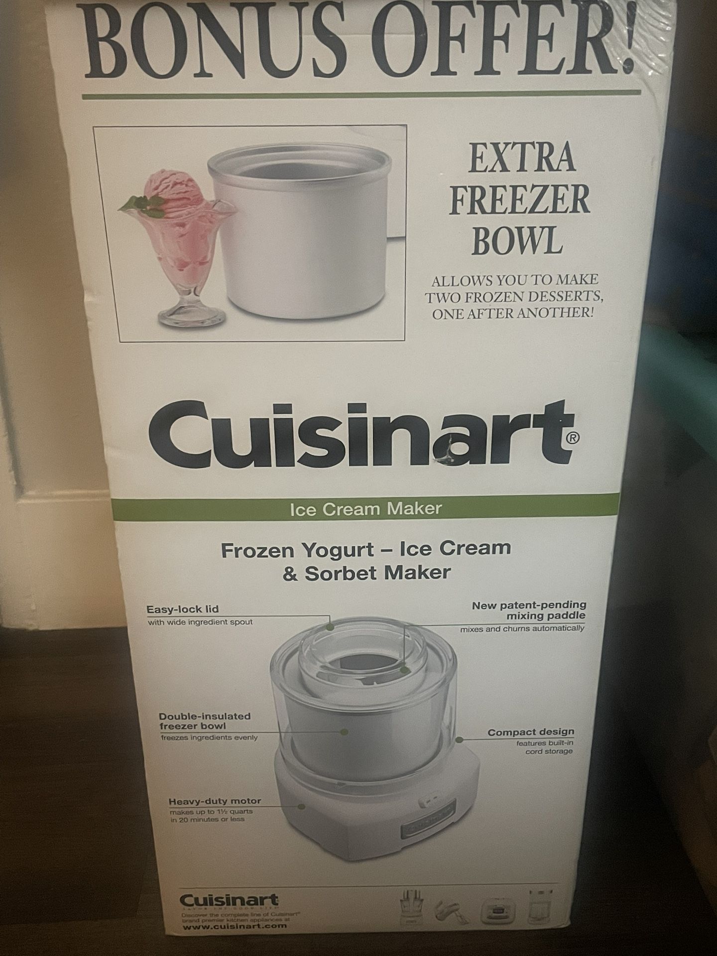Brand New Cuisinart Ice Cream Maker with BONUS Freezer Bowl – Never Opened!