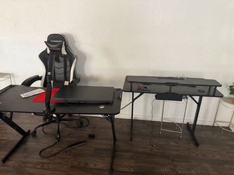 2 gaming desks and clip on monitor