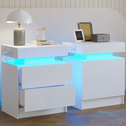 Modern White Nightstand w/ LED Lighting & Built-In Outlets — Set of 2