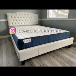 Queen White Crystal Button Bed With Orthopedic Mattress Included 