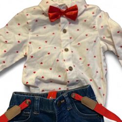 Adorable Baby Boy's Valentine's Day Outfit - Heart Print Shirt, Denim Jeans, Red Suspenders & Bow Tie Set