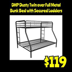 New DHP Dusty Twin over Full Metal Bunk Bed with Secured Ladders: Njft