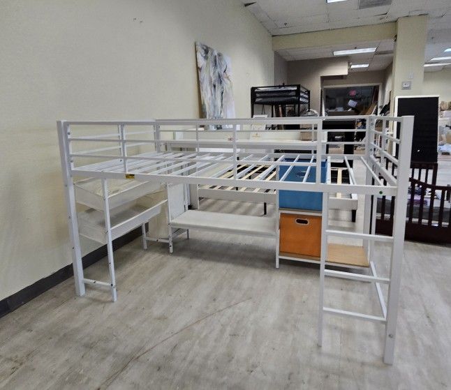 BRAND NEW
DICTAC Twin Low Metal Loft Bed with Reading Corner, Storage & LED Lights– White