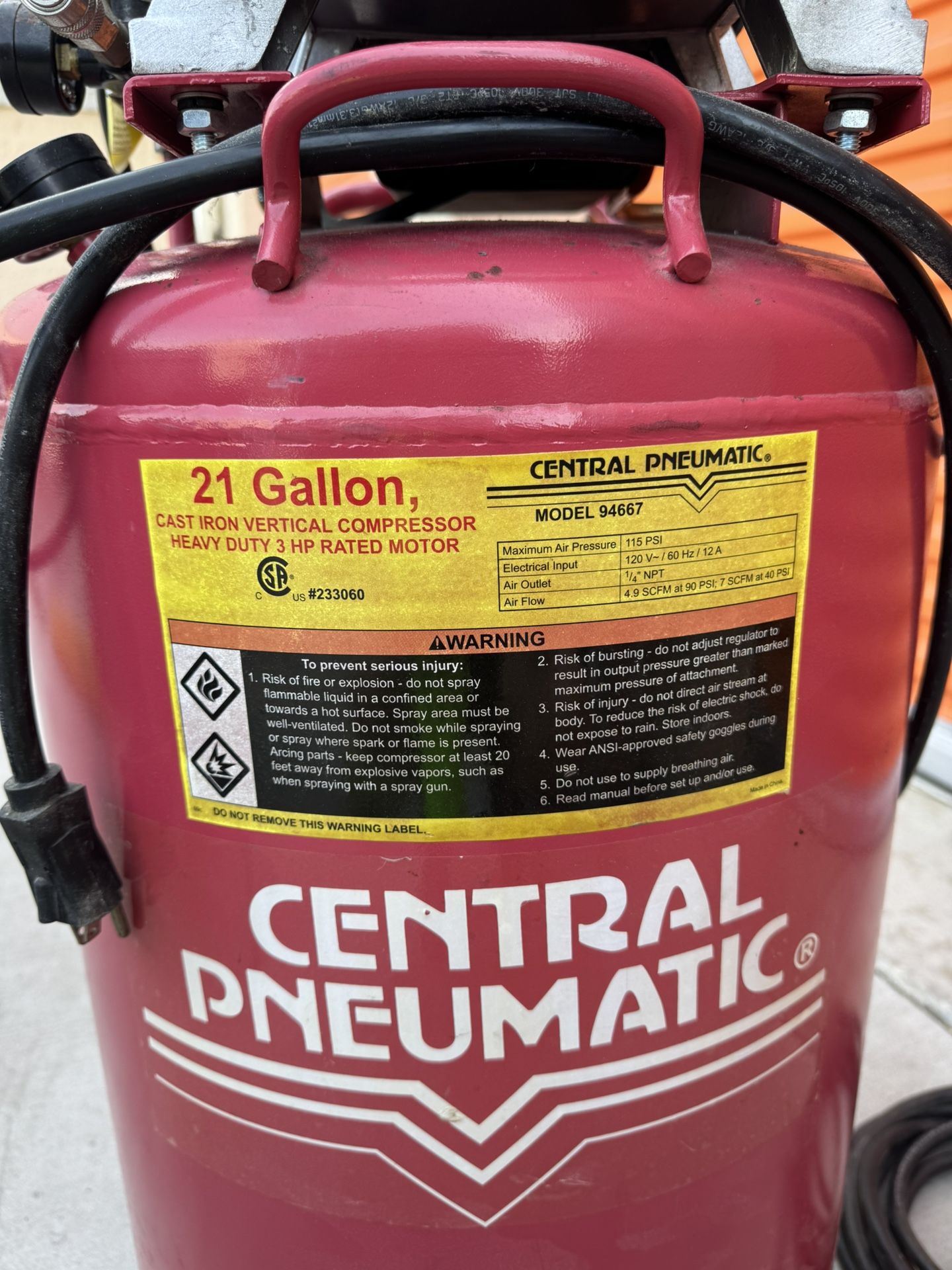 Central Pneumatic Model 94667 Air Compressor
