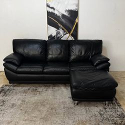 Black Genuine Leather 3-Seater Sectional Sofa with Ottoman