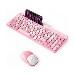 Pink Bluetooth Keyboard and Mouse Wireless,Multi-Device Rechargeable Keyboard and Mouse Combo with Phone Holder (Bluetooth 5.0+3.0+2.4GHz)