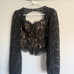 Black Lace Corset Top – Long Sleeve, Sexy & Elegant S