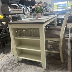 COUNTER HEIGTH 5 PCS DINING SET, ACACIA WOOD, WHITEWASH - [NEW]