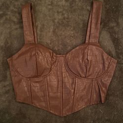 Brown Faux Leather Corset Crop Top