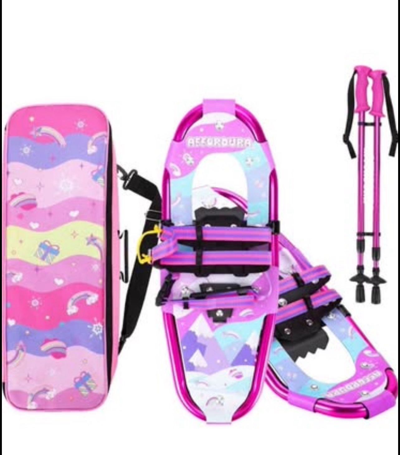 Brandnew Kids Snowshoes for Kids Pattern Design for Stylish Look Snowshoes for Kids Lightweight Aluminum Youth Snowshoes with Poles and Storage Bag