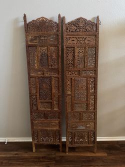 2x Vintage Hand Carved Wood Wooden Teak Room Divider Panels Hanging Screen
