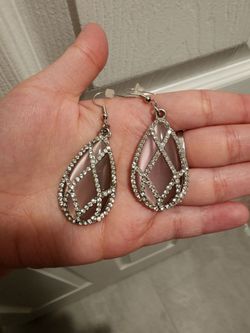 Silver Teardrop Dangle Earrings with Rhinestone Hook Closure