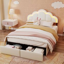 Full Bed Frame with Storage Drawers, Upholstered LED Full Bed Frame with Headboard for Kids,Toddlers,Girls, Velvet Princess Platform Cute Bed with Hea