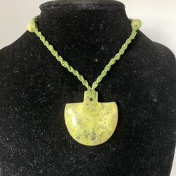 Serpentine Gemstone Pendant Necklace 20” Strung On Waxed Hemptwine 