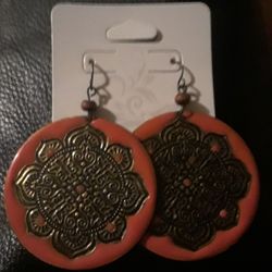 Round Orange Dangle Earrings With Copper Floral Pattern