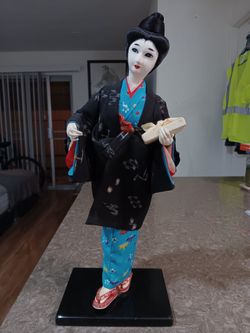Vintage Japanese Kimono doll figurine mounted on black display stand 17inchs