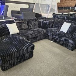 Brand NEW SECTIONAL BLACK CORDUROY FABRIC WITH PULL OUT BED & STORAGE CHAISE $1499