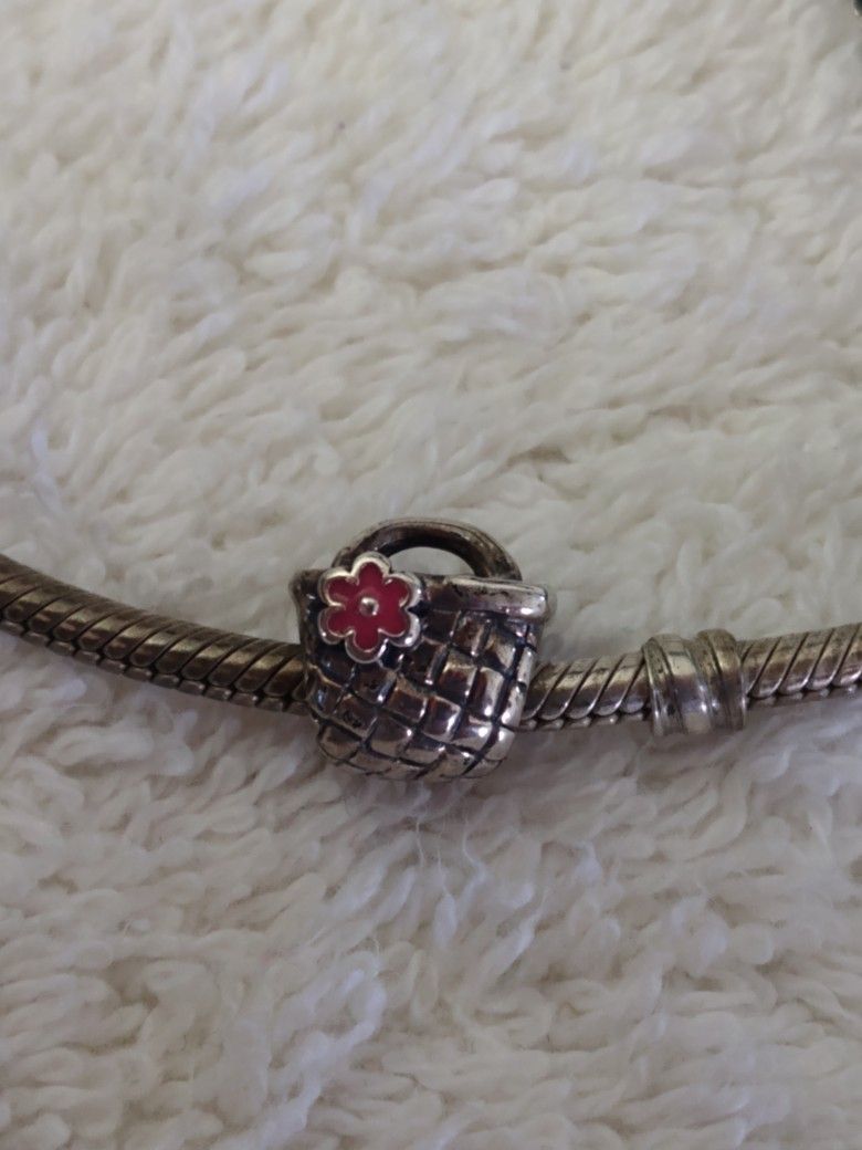 Sterling Silver Chamilia Beach Basket with Pink Enamel Flower Bracelet Charm
